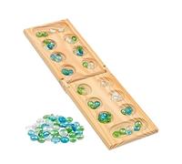 Mancala Board Game with 48 Glass Beads and Wooden Playing Surface, Classic 2-Player Strategy Tabletop Game for Adults Kids and Family Night, Travel Fun, Ages 8 and Up