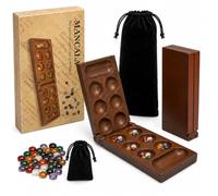 Mancala Board Game, Wooden Folding Kalaha Board Game for Families, Traditional Strategic Game with Glass Stones for Kids, Adults, Travel and Rainy Day Indoor Activity