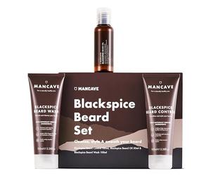 ManCave Blackspice Beard Gift Set with 3 Beard Grooming Essentials, For a thicker, more healthier beard, Vegan Friendly, Tubes made using Recycled Plastics, Made in England
