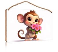 Mancave Signs and Decor A Cute Monkey Holding Pink Flowers Bathroom Wall Art Friend Signs for Home Decor(23X35CM)