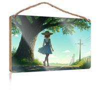 Mancave Signs and Decor A Girl in A Blue Dress Walks Under A Large Tree On A Sunny Day Gift for Boss Woman Farmhouse Decor Signs(15X28CM)
