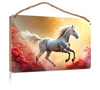 Mancave Signs and Decor A Majestic White Horse Gallops Amidst Vibrant Red Flowers Gift for Boss Woman Farmhouse Decor Signs(20X30CM)