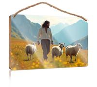 Mancave Signs and Decor A Man Walks with Three Sheep in A Mountainous Field Gift for Boss Woman Farmhouse Decor Signs(15X28CM)