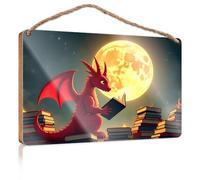 Mancave Signs and Decor A Red Dragon Reading A Book Under A Full Moon Bathroom Wall Art Friend Signs for Home Decor(20X30CM)