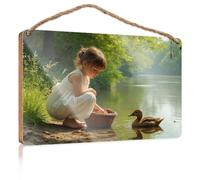 Mancave Signs and Decor A Young Girl Feeds Ducks by A Serene Pond Gift for Boss Woman Farmhouse Decor Signs(20X30CM)