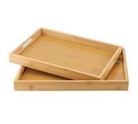 MANCHAP 2 Pack Bamboo Wooden Serving Platter Tray Set, 2 Sizes Rectangular Wooden Butler Trays with Handles for Eating, Breakfast, Tea, Coffee