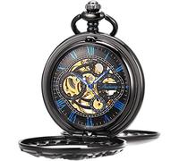 ManChDa Antique Mechanical Pocket Watch Lucky Dragon and Phoenix Skeleton Dial with Chain + Gift Box, 7-3. Black-Blue, 2-2. Black-Blue