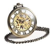 ManChDa Mechanical Brass Big Wheel Golden Movement Skeleton Pocket Watch Fob Open Face with Chain + Box
