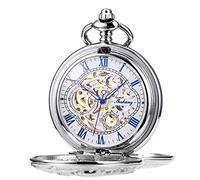 ManChDa Mens Antique Skeleton Mechanical Pocket Watch Dragon Hollow Hunter with Chain and Box (6.Sliver case with White dial), 7-5.Silver Blue, S, 3-2.Silver Blue