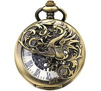 ManChDa Mens Mechanical Pocket Watch Dragon Hollow Double Hunter Hand Wind Steampunk Roman Numerals Dial with Chain + Gift Box Bronze