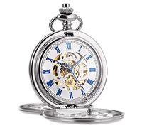 ManChDa Mens Pocket Watch Classic Mechanical Hand-Wind Pocket Watch Steampunk Roman Numerals Fob Watch for Men Women with Chain + Gift Box(Silver)