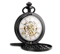 ManChDa Mens Pocket Watch Classic Mechanical Hand-Wind Pocket Watch Steampunk Roman Numerals Fob Watch for Men Women with Chain + Gift Box(Black with Gold)