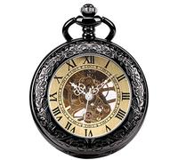 ManChDa Mens Pocket Watch Special Magnifier Mechanical Hand Wind Half Hunter Roman Numerals Antique Fob Watch with Chain + Gift Box(Black)