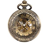 ManChDa® Mens Pocket Watch Special Magnifier Mechanical Wind Up Half Hunter Roman Numerals Antique Fob Watch with Chain + Gift Box(Bronze)