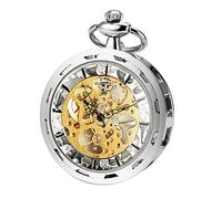 ManChDa Mens Steampunk Transparent Open Face Pocket Watch Silver Skeleton Dial with Chain + Gift Box