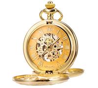 ManChDa Pocket Watch - Double Engraved Skeleton Dial Retro Mens Mechanical Watch Golden Movement with Chain + Gift Box