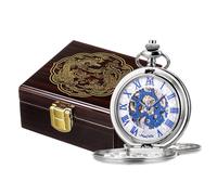 ManChDa Pocket Watch in Luxury Glossy Wooden Gift Box - Double Cover Pocket Watch Chain Skeleton Mechanical Antique Hand-Wind Steampunk Roman Numerals Fob Watch for Men | Black Box
