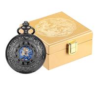 ManChDa Pocket Watch in Luxury Glossy Wooden Gift Box - Double Cover Pocket Watch Chain Skeleton Mechanical Antique Hand-Wind Steampunk Black Blue Roman Numerals Fob Watch for Men | Gold Box