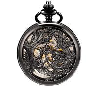 ManChDa Pocket Watch Lucky Dragon & Phoenix Vintage Mechanical Steampunk Skeleton Roman Numerals Black Fob Watch with Chain for Men Women