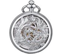 ManChDa Pocket Watch Lucky Dragon & Phoenix Vintage Mechanical Steampunk Skeleton Roman Numerals Black Fob Watch with Chain for Men Women