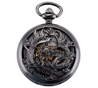 ManChDa Pocket Watch Lucky Dragon & Phoenix Vintage Mechanical Steampunk Skeleton Roman Numerals Black Fob Watch with Chain for Men Women