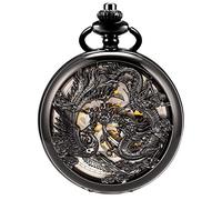 ManChDa Pocket Watch Lucky Dragon & Phoenix Vintage Mechanical Steampunk Skeleton Roman Numerals Black Fob Watch with Chain for Men