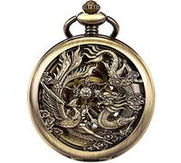 ManChDa Pocket Watch Lucky Dragon & Phoenix Vintage Mechanical Steampunk Skeleton Roman Numerals Black Fob Watch with Chain for Men Women（Bronze)