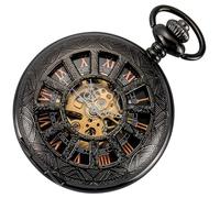 ManChDa Pocket Watch - Pocket Watch Chain Mechanical Skeleton Antique Steampunk Vintage 12-Little-Window Hollow Case Fob Watch for Men | Black Rose Gold Roman Numerals