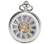 ManChDa Pocket Watch - Pocket Watch Chain Mechanical Skeleton Antique Steampunk Vintage 12-Little-Window Hollow Case Fob Watch for Men | Silver Blue Roman Numerals