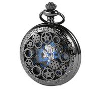 ManChDa Steampunk Skeleton Automatic Mechanical Pocket Watch Black Hunter Black Dial Hollow Case Chain + Gift Box