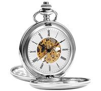 ManChDa Valentines Classic Mens Womens Pocket Watch Smooth Surface Case Double Hunter Roman Numerals Skeleton Mechanical with Chain + Box