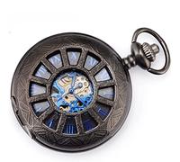 ManChDa Vintage Men Mechanical Pocket Watch Elegant Black Engraved Case Hollow Hunter Skeleton Dial with Chian + Gift Box