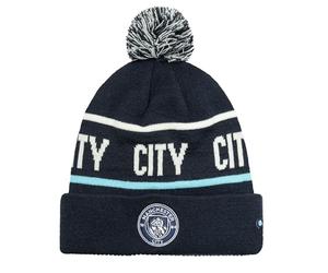 MANCHESTER CITY Crest Bobble Hat Licensed Man City MCFC Beyond The Noise Winter Knit Beanie, Navy Blue, One Size