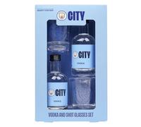 Manchester City F.C. Vodka & Shot Glass Gift Box - 2 x 5cl Miniatures and 2 Branded Glasses - Suitable Gift for Football Fans by Blue Tree Gifts
