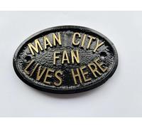 Manchester City Fan Lives Here Wall Plaque With Gold Raised Lettering 5" x 3.5"