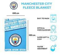 Character World Manchester City Fleece Throw Blanket | Super Soft, Football Crest Design | Blue & White Bold Text Pattern | Warm Super Soft Feel Throw | Perfect for Home, Bedroom, Sleepovers & Camping