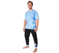 Manchester City FC Mens Pyjamas Set Nightwear T-Shirt Long Bottoms PJs Lounge Set Men Teenagers Man City Gifts for Men (Blue/Black, S)