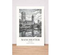 Manchester England Art Print, Black and White Cityscape, Canal Scene with Coordinates, Size A4