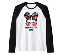 Manchester Girl Messy Bun, UK British United Kingdom Flag Raglan Baseball Tee