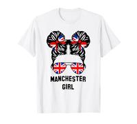 Manchester Girl Messy Bun, UK British United Kingdom Flag T-Shirt