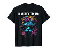 Manchester Maryland Cat with Sunglasses and Flowers Design T-Shirt