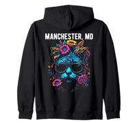 Manchester Maryland Cat with Sunglasses and Flowers Design Zip Hoodie