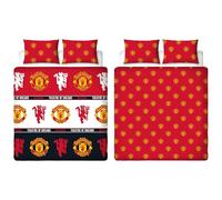 MANCHESTER UNITED FC Official Double Duvet Cover Set, Patch Design, Red Reversible 2 Sided Football Bedding Cover Official Merchandise Including Matching Pillow Cases