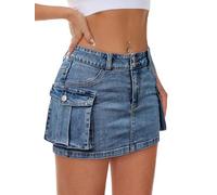Mancreda Women Denim Cargo Skirt Mini Low Waist Button Bodycon Y2K Flap Pockets Skirts, S01-medium Wash, L