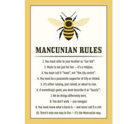 Mancunian Rules Wall Art Print, Manchester Culture Typography Poster with Bee Design. Size A4