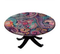 Mandala Bohemian Round Fitted Tablecloth, Paisley Purple Floral Boho Colorful, Suitable for Wedding/Banquet/Restaurant/Party, Fit for 48" Table, Purple