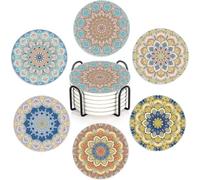 Mandala Boho Flower Coasters Set of 6,Absorbent Ceramic Coasters with Cork Base,Round Coaster Mats for Cold Drinks & Mugs, Rustic Home Decor + Holder