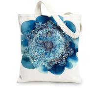 Mandala Canvas Tote Bags, Artistic Floral Watercolor Pattern Reusable Shopping Bags, Elegant Lightweight Washable Shoulder, Blue, 13x15 Inch