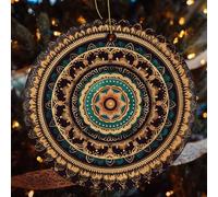 Mandala Ceramic Christmas Ornaments - 4 Pcs Rustic Round Xma Tree Decor with Hanging String, Personalized Vintage Double-Sided Holiday Party Decorations for Xmas Gifts