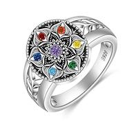 Mandala Chakra Ring Yoga Lotus Flower Rings for Women Sterling Silver Healing Crystal 7 Chakra Balance Jewelry Gifts, Sterling Silver, Cubic Zirconia